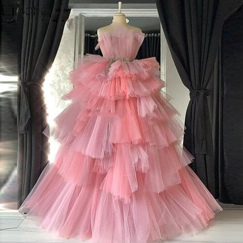 Chic Tiered Tulle Prom Dresses Robe De Soiree Long Evening Dress 2020 Kaftans Turkish Celebrity Party Gown Middle East Plus Size