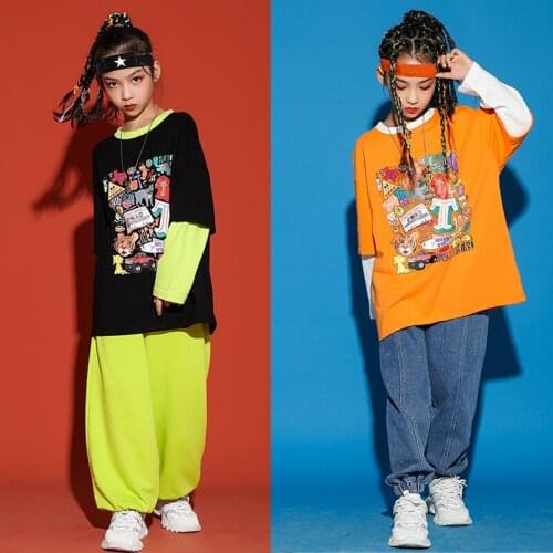 Jazz Costume Hip Hop Girls Clothing Modern Dance Wear Rave Outfits Fluorescent Color Top Pants for Kids Streetwear XS1823