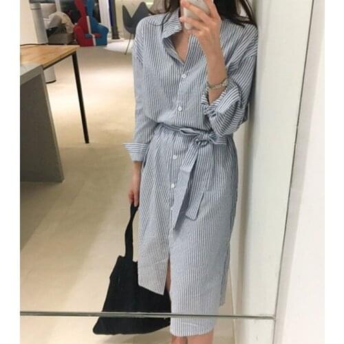GOOHOJIO 2020 Women Dresses Spring Autumn Elegant Casual Striped Shirt Dress Cotton and Linen Lace Up Single Breated Size S-XL