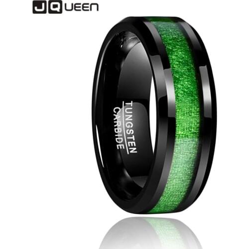 Vintage 8mm Width Inlaid Maple Electroplated Black Tungsten Carbide Ring with Green Line Wdding Jewelry T093R