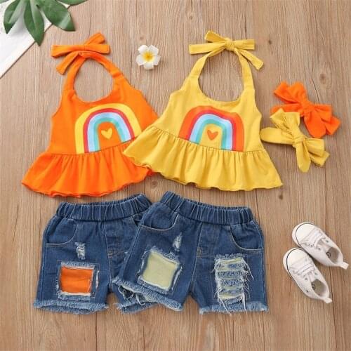 Cute Kids Baby Girl Clothes Set Summer Rainbow Print Halter Top Denim Shorts Headband 3 Piece Set Clothing Fashion Clothing