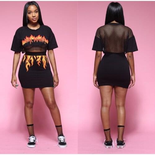 Two Piece Set Women Dress Suits Summer Clothes Fire Flame Print Mesh Crop Top and Mini Skirt Suit Hot Sexy Club Party Outfits