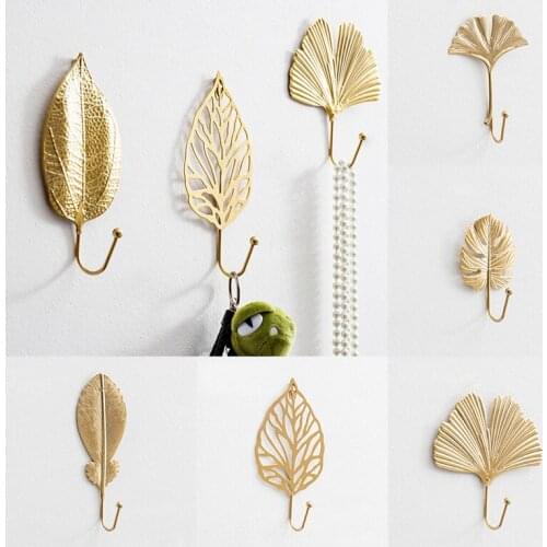 Metal Leaf Shape Hook Door Wall Wardrobe Clothes Bag Scarf Hanger Keys Creative Mini Hanging Single Coat Decor Golden