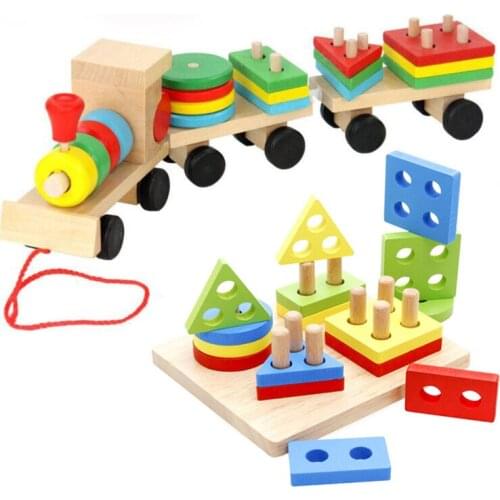 Hot Selling Baby Toys Wood Train Truck Set Geometric Sorting Board Montessori Kids Educational Toy Stacked Puzzle Child Gift