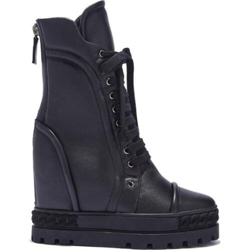 Girls Fashion Black Cow Leather Ankle Boots Woman 100 mm Height Increasing Thick Platform Lace Up Front Martin Wedge Shoes