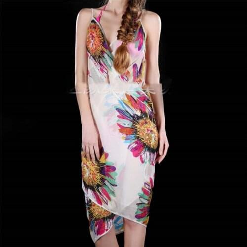 Printed Cover-ups Sexy Beach Dress Women Halter Sling Chiffon Beach Towel Bikini Wrap Pareo Skirts Open-Back Swimwear