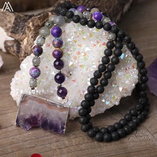 Natural Amethysts Quartz Slab Beads Pendant Round Sea Sediment Jaspers Labradorite Black Lava Beads Cord Knotted Mala Necklace