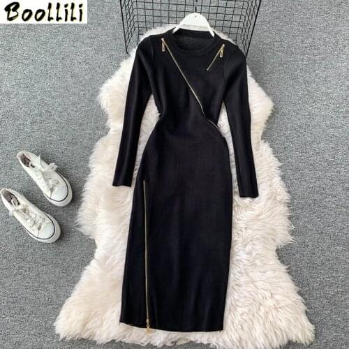 Boollili 2020 New Knitted Dress Women Korean Sweater Autumn Winter Dress Long Sleeve Bodycon Dress Elegant Vestidos
