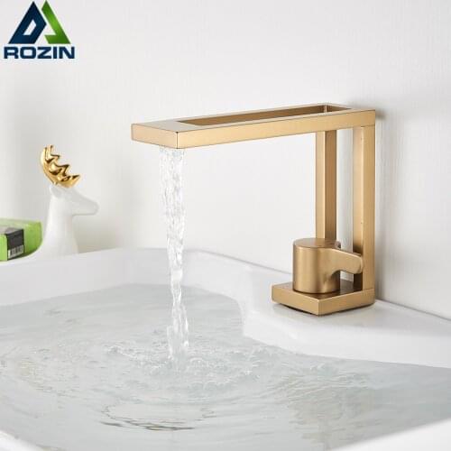 Creative Design Basin Faucet Square Brushed Gold Bathroom Lavatory Sink Mixer Faucet Deck Mounted Cold Hot Water Tap