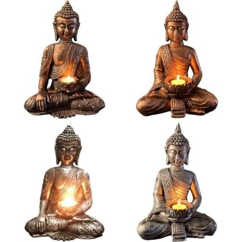 68UC Resin Buddha Statue Figurine with Tea Light Candle Holder Meditating Sculpture