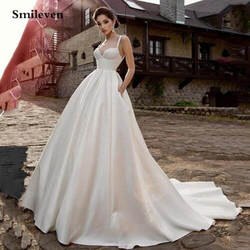 Smileven A Line Princess Wedding Dresses Satin Spaghetti Straps Lace Bride Dress Robe De Mariage Corset Wedding Gowns
