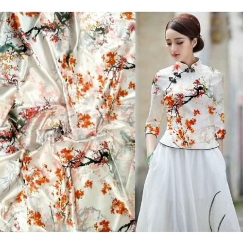 Telas Red Plum Flowers Japanese Style Printing Tissu Enfant Fabrics Brand Stretch Satin 97% Mulberry Silk Fabric Cloth Hot Sale