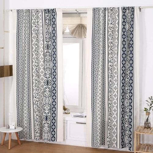 Navy Blue Baroque Window Curtain Boho Style Floral Damask Vintage Cotton Linen Drape for Bedroom Livingroom Kitchen Decor TJ3838