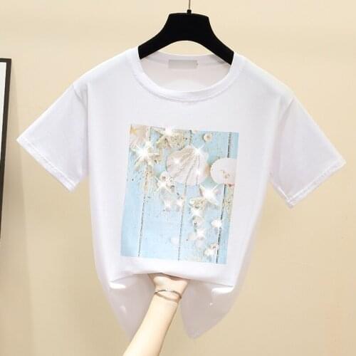 Fashion Graphic shirt Streetwear White Beaded Women t shirt Summer 2021 Casual O Neck Pullover Short Sleeve Loose T shirt Top