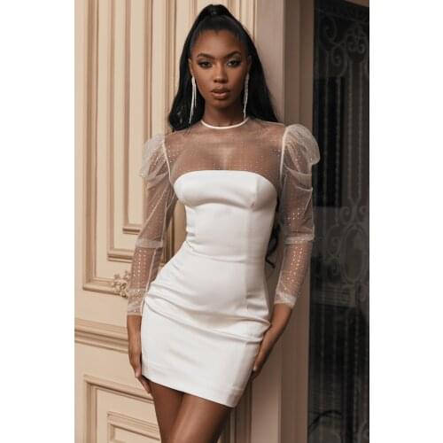 2021 Fashion Women Sexy Summer Elegant White Dress Mesh Beads Hollow Out Bodycon Bandage Dress