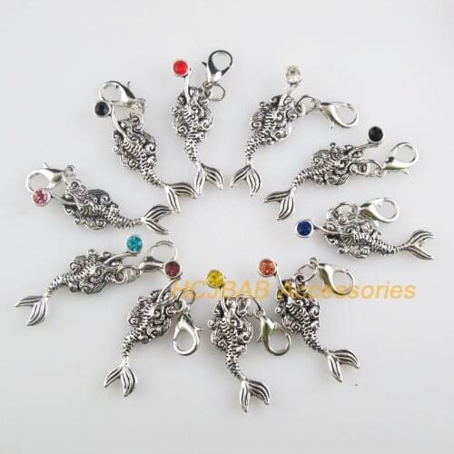 10 New Mermaid 10.5x32mm Charms Mixed Round Crystal Tibetan Silver Plated Retro With Lobster Claw Clasps