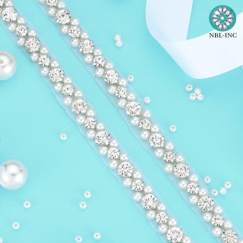 （10 yards）Wholesale silver crystal rhinestone pearl applique trim hand beaded iron on sew on for wedding dress WDD1068