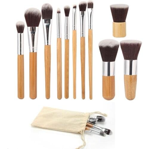 Hot Sale High Quality 11pcs Natural Bamboo Handle Makeup Brushes Set With Cotton Bag Foundation Blending Cosmetic Make Up Tool