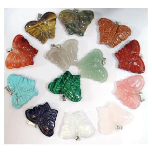 Natural stone Quartz crystal Turquoises tiger eye Opal butterfly pendant for diy jewelry Making necklace Accessories 12Pcs