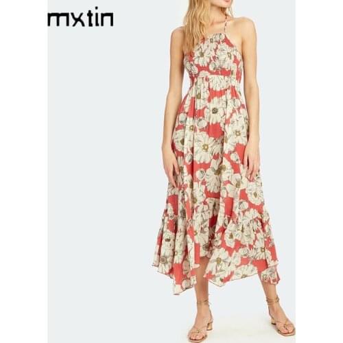 2021 Women Summer Vintage Sexy Floral Print Midi Dress Fashion Sleeveless Backless Elasticity Party Female Dresses Vestidos