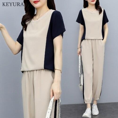 2021 Summer Casual Tracksuits Patchwork Womens 2 Piece Set O-Neck Tops + Pants New Arrival Short Sleeve Sportswear Suit Women