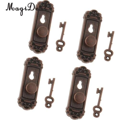 4 Pieces 1/12 Dollhouse Miniature Vintage Door Locks with Keys for Dolls House Door DIY Scene Furniture Accs Bronze