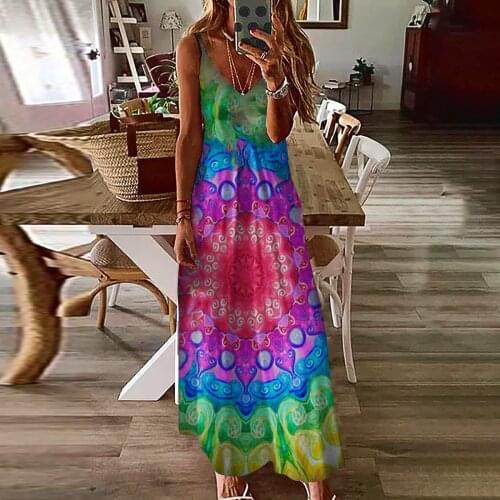 40# Tie-dyed Dresses Women Vintage Sleeveless Plus Size Sundress Gradient Print Spaghetti Maxi Dress Vestidos Longos De Verao