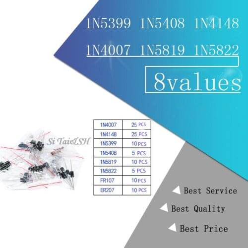 8values=100pcs 1N5399 1N5408 1N4148 1N4007 1N5819 1N5822 FR107 FR207 Switching Diode component diy kit original