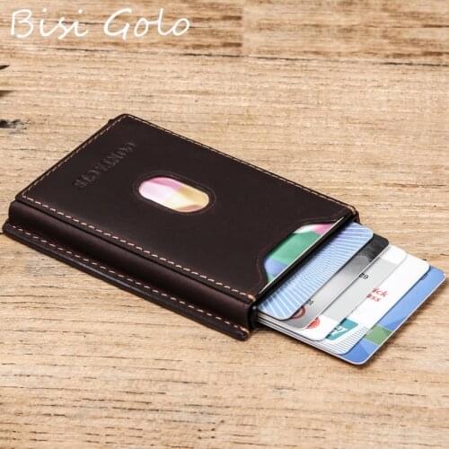 BISI GORO 2020 Men and Women Smart Wallet Vintage Cow Leather Credit Card Holder RFID Blocking Auto Pop-up Aluminum Card Case