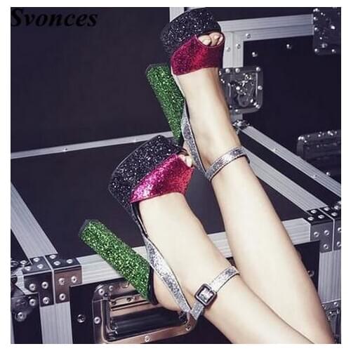 Summer Rhinestone Buckle Platform Sandals Women Roman Chunky High Heels Pumps Cover heel Nightclub Party Shoes Size 35-42