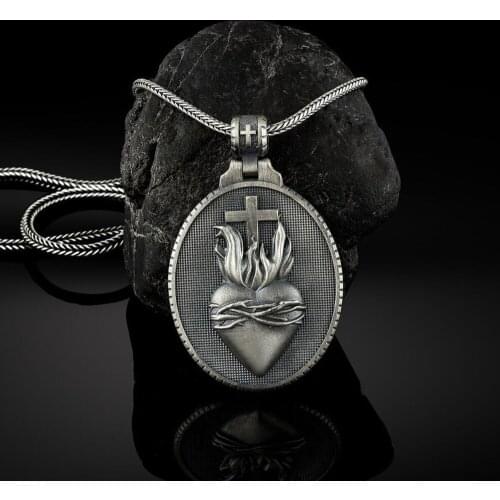 Pure tin stainless steel stone necklace Christian Jesus Sacred Heart cross necklace Pendant Mens chain ​jewelry-accessories