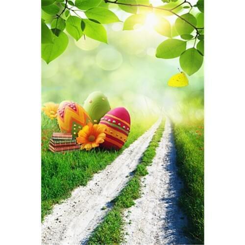 Photographic Camera Background Easter Colorful Eggs Green Forest Spring Leaves Backdrop for Studio Easter Custom Backdrops Props