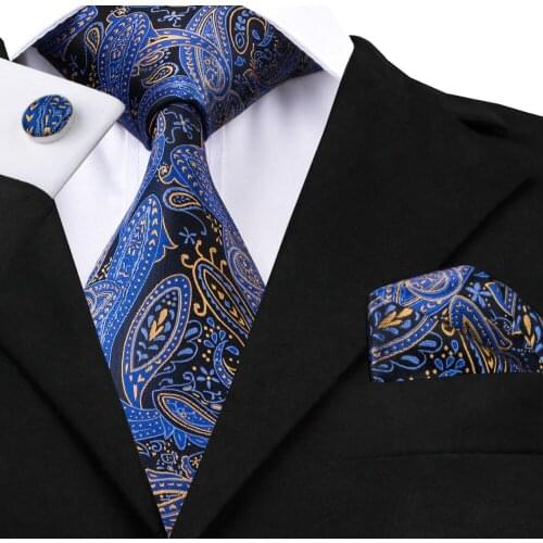 Hi-Tie 100% Silk Hand Jacquare Woven Paisley Blue Necktie Set for Men Tie and Pocket Square Cufflinks Silk Men Tie Set SN-1447