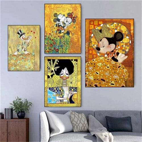 Mickey and Minnie Canvas Painting Disney Inspired By Gustav Klimt Poster and Print Wall Art Pictures for Living Room Home Decor