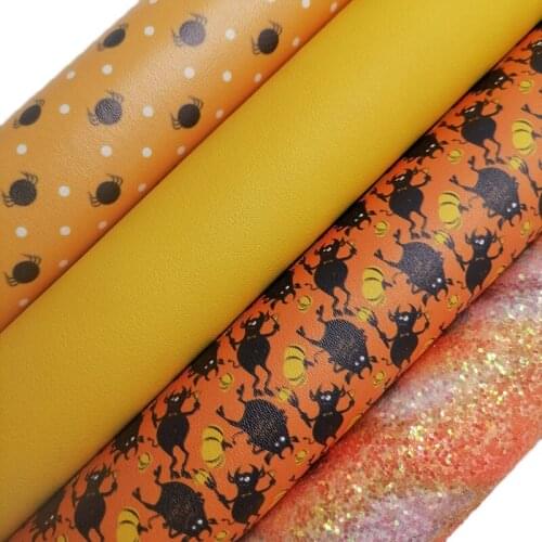 Orange Glitter leather, Monster Spiders Printed synthetic leather, Nappa Faux Leather Sheets For Bow A4 21x29CM KM627
