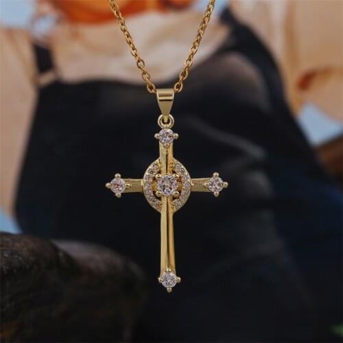 Creative Womens Transparent AAA Zircon Copper Metal Cross Necklaces & Pendants Stainless Steel Gold Color O-chain Necklace