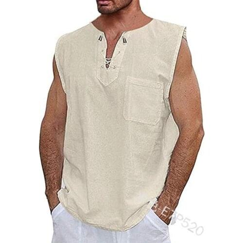 Men Large Size Summer Cotton and Linen Vest Shirt Vintage Bust Lace up Sleeveless T Shirt Solid Tops Tunic For Men 3XL 2020