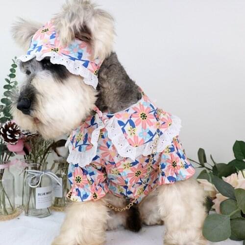 Kawaii Japanese Style Pet Dog Dress for Small Medium Dogs Sweet Flowers Print Dog Princess Clothes with Hat Korean Skirt for Pet