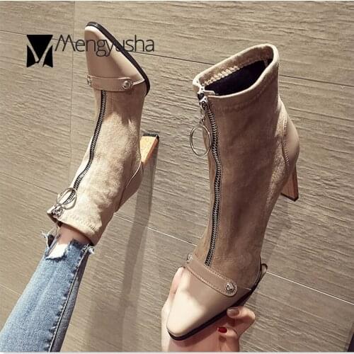 Trendy Front zipper boots pointed toe riding botas mujer mid-calf booties strange high heels chelsea boots women flock shoes2020