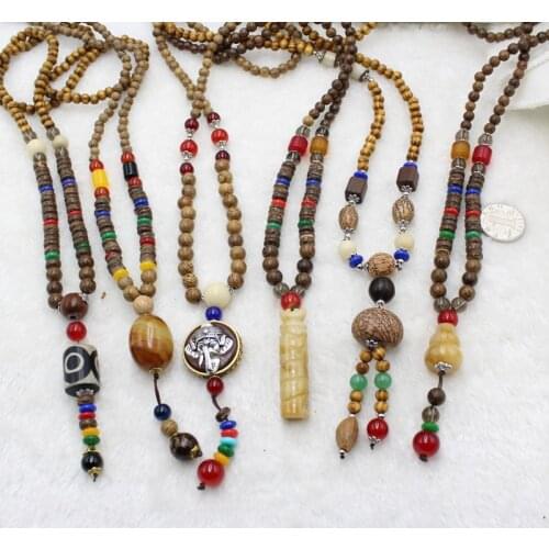 Nepal Buddhist Mala Wood Beads Tassel Necklaces Natural Stone Pendant Necklace For Women Men for t-shirt party good luck healthy