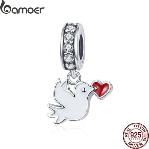 Bamoer White Pigeon For Lover Pendant Love Message Charm fit for Original Silver Bracelet 925 Sterling Silver Bijoux SCC1227
