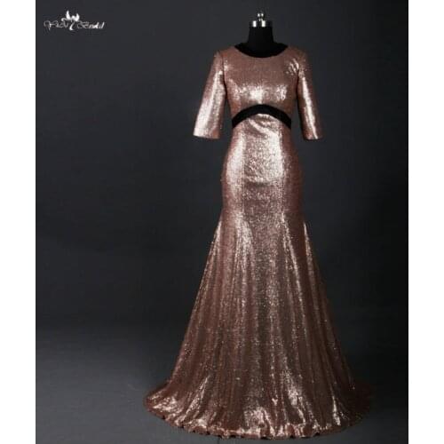 RSE671 Gold Sequin Mermaid Evening Dress With Open Back Long Sleeve