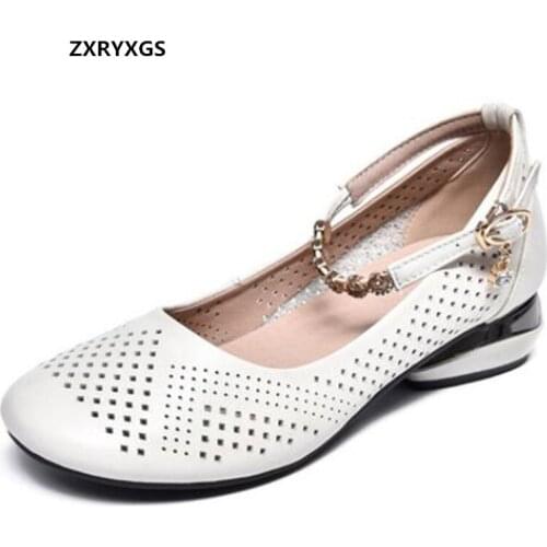 2021 New Spring Summer Shallow Mouth Top Soft Cowhide Leather Shoes Breathable Sandals Large Size Rhinestone Fashion Low Heels