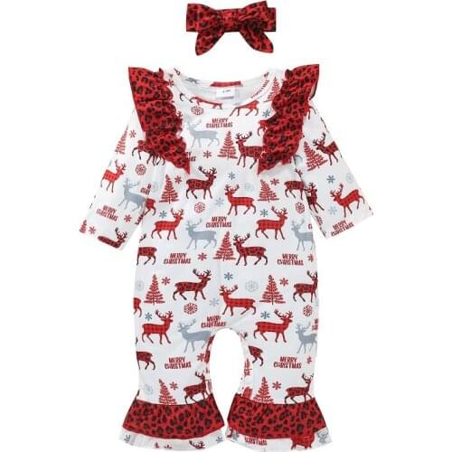 0-18M Cute Newborn Baby Girl Long Sleeve Deer Print Christmas Flared Romper Jumpsuit Headband 2PCS Xams Clothes