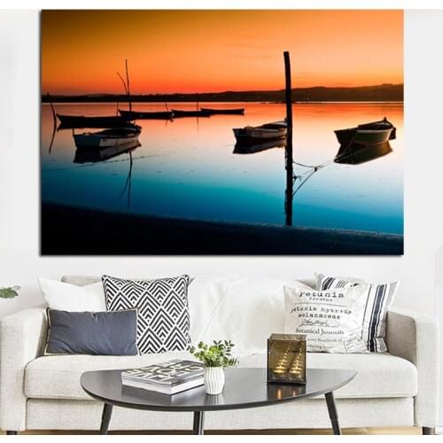 Modern Sunset Seaview Boat Landscape Poster Print Abstract Venice Seascape Oil Painting on Canvas Wall Picture for Living Room