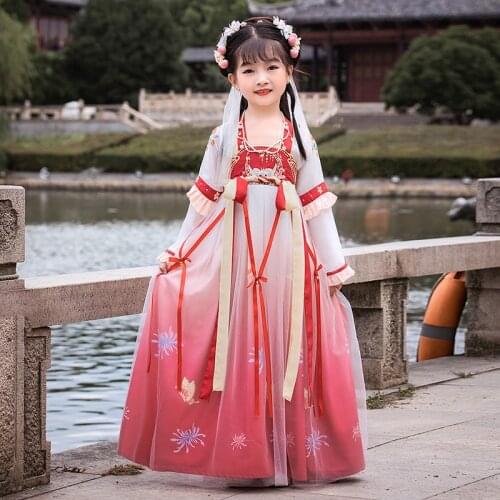 Dance Outfit Children Cosplay Floral Print Hanfu Dress Kid Chinese Style Costume Vintage Girls Festival Clothing