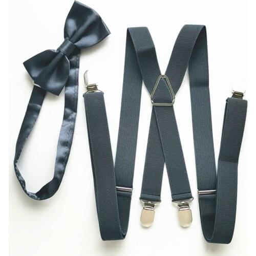 Dark gray Suspenders Bow tie Sets Men Women High Elastic Strap Strong 4 clips-on Suspender Neck tie set Adult Accessories LB002