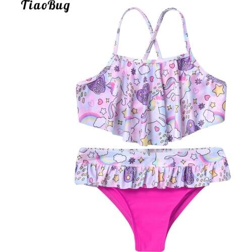 TiaoBug Summer 2Pcs Kids Girls Floral Print Swimwear Bikini Suit Straps Criss Cross At Rear Ruffle Hem Tube Top With Bottom Set