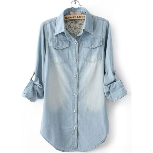 New spring/autumn womens clothing cotton shirts denim shirts cowboy shirts washed blouses s-3xl size blue european shirt