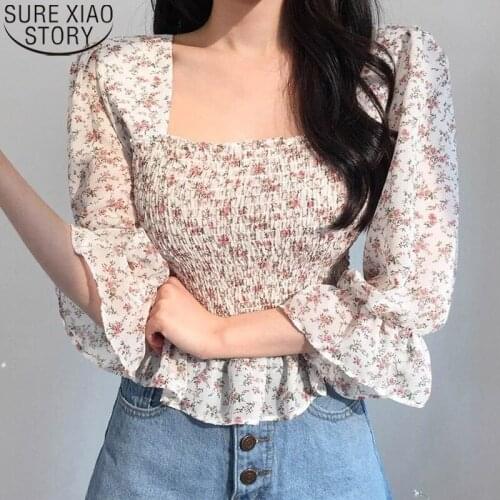 Women Tops Casual Spring Flare Sleeve 2021 Korean Sweet Floral Print Chiffon Blouse Pleated Backless Square Collar Clothes 10280